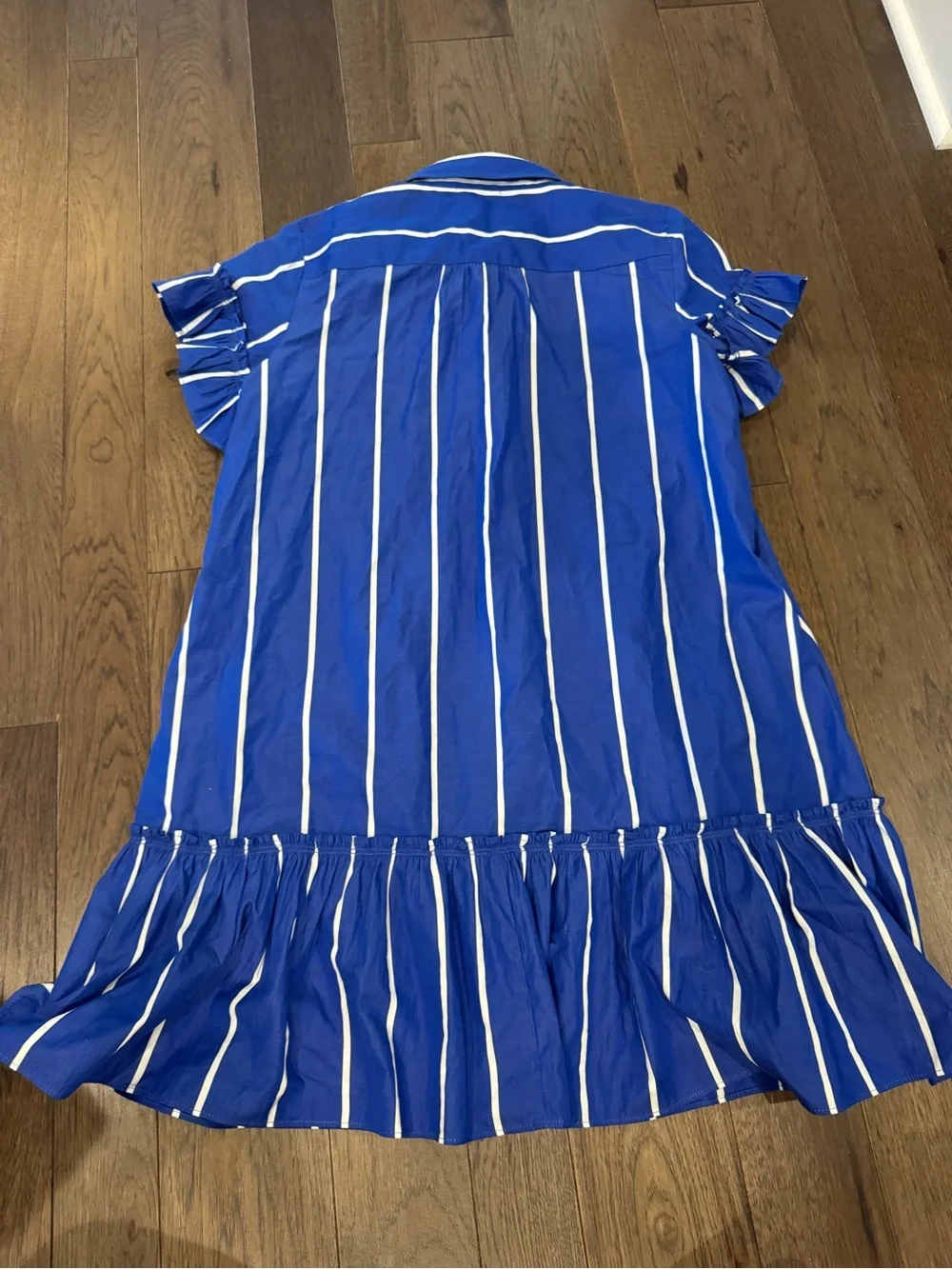 J. Crew “Amelia” Royal Blue & White Striped Button-Front Ruffle Dress